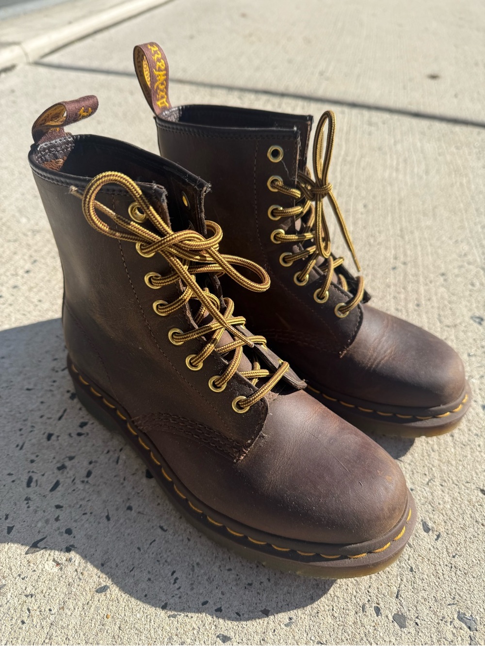 Dr. Martens Brown Leather 8-Eye Lace-Up Boots with Yellow Stitching